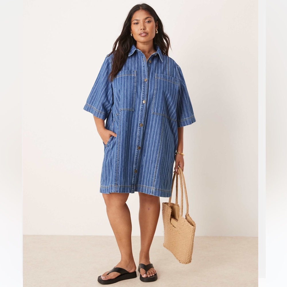 ARRANGE Curve Denim Stripe Shirt Dress Size 20 Blue Mini